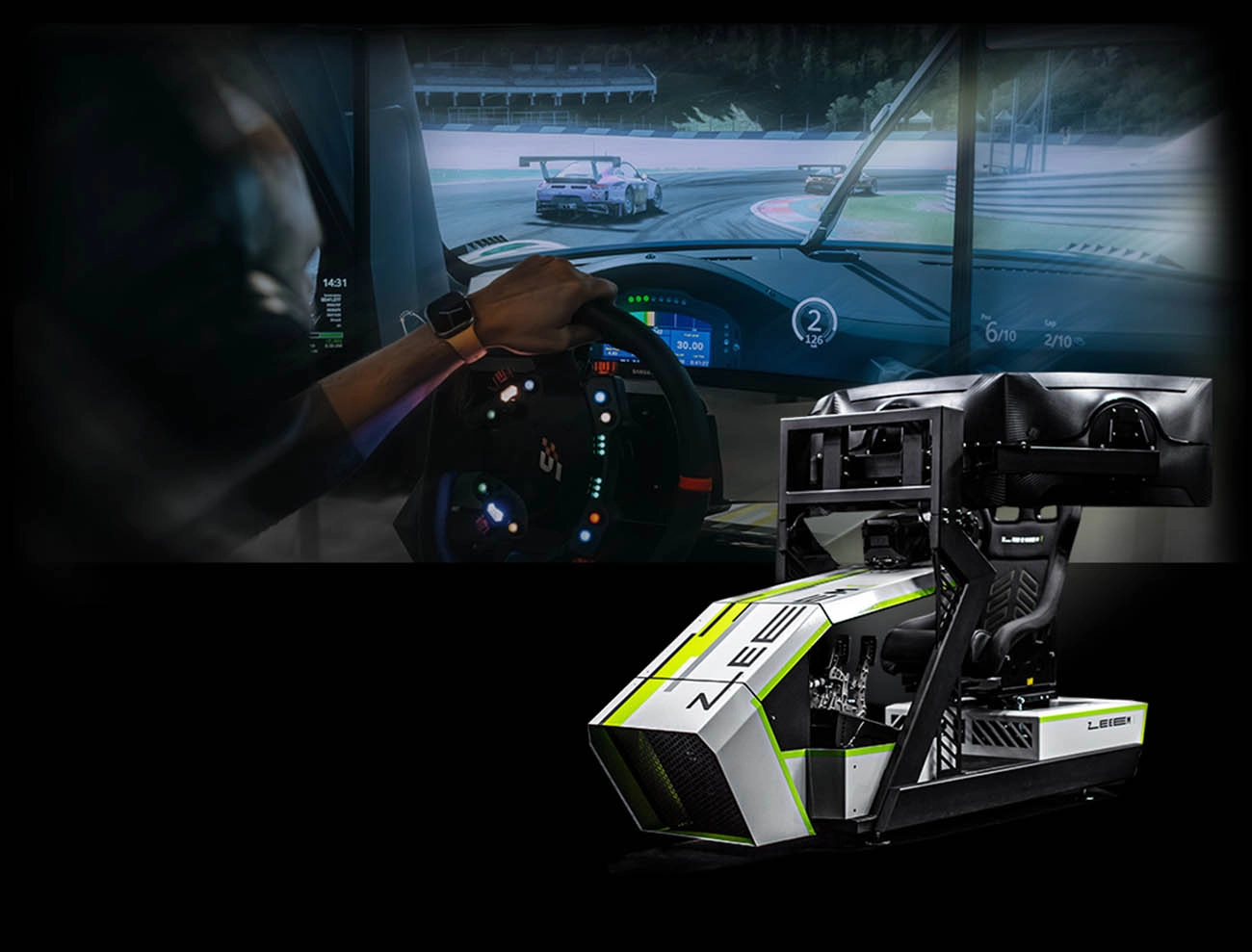 ZEEEM RACR R Performance Simracing-Simulator mit Fahrer während einer Simracing-Session.
